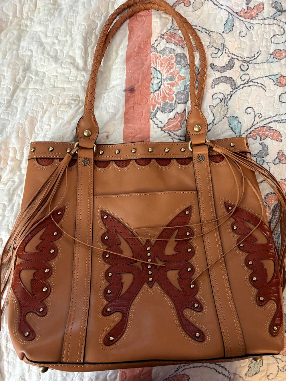Patricia Nash Tan and Dark Tan Butterfly Appliqué Leather Tote